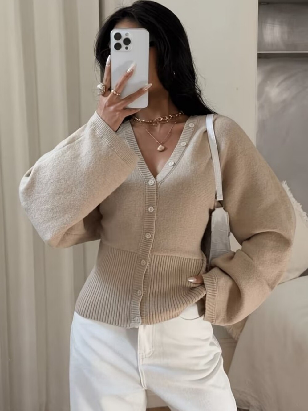 Style Belted Cardigan, Khaki V-Neck Waist-Cinching Lantern Sleeve Sweater - Picture 2 of 6